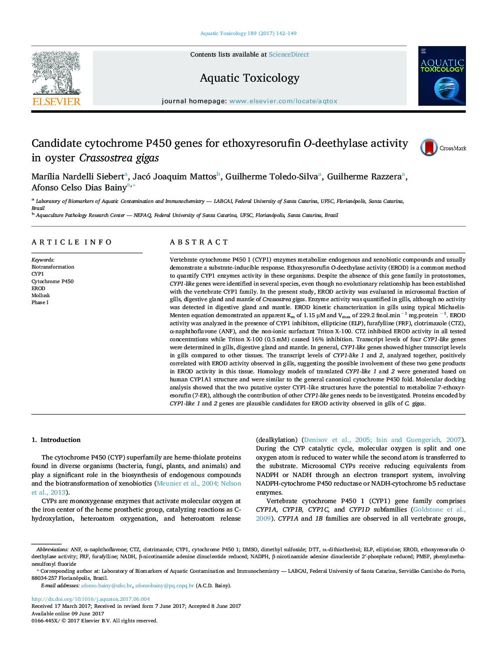 Candidate cytochrome P450 genes for ethoxyresorufin O-deethylase activity in oyster Crassostrea gigas