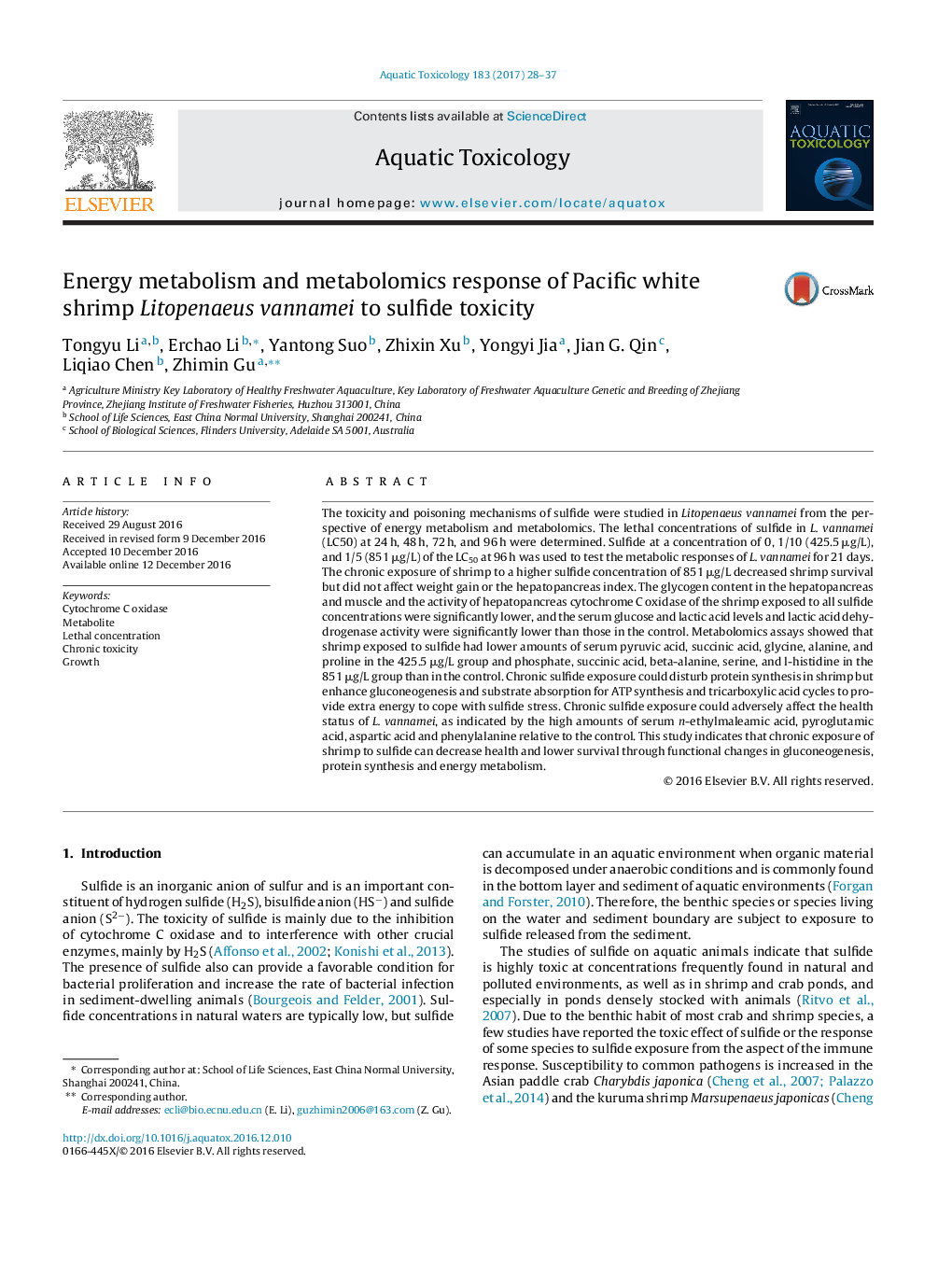 Energy metabolism and metabolomics response of Pacific white shrimp Litopenaeus vannamei to sulfide toxicity