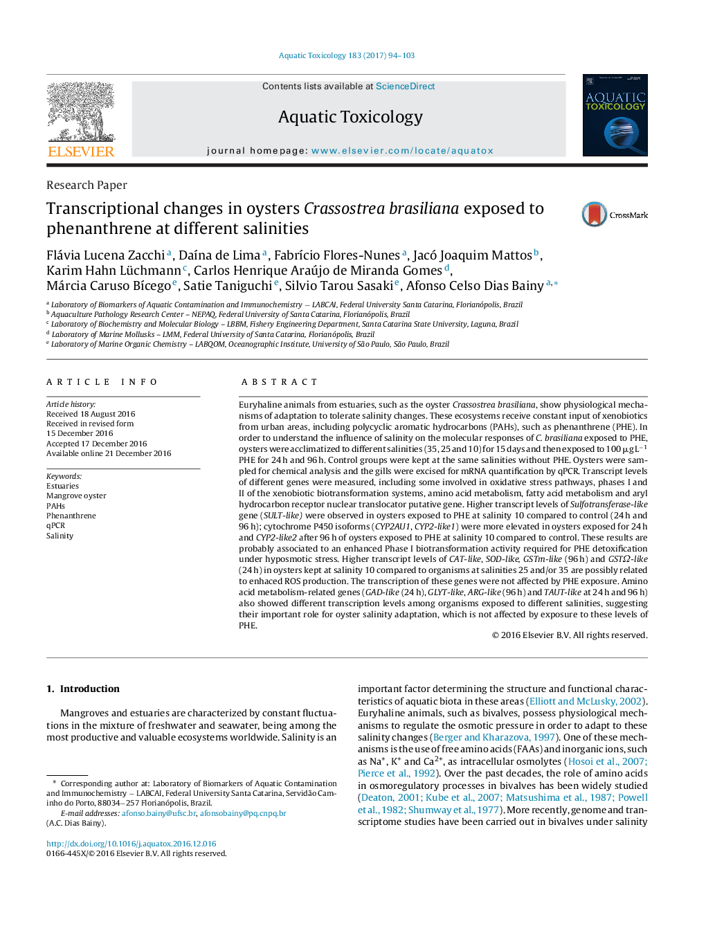 Research PaperTranscriptional changes in oysters Crassostrea brasiliana exposed to phenanthrene at different salinities