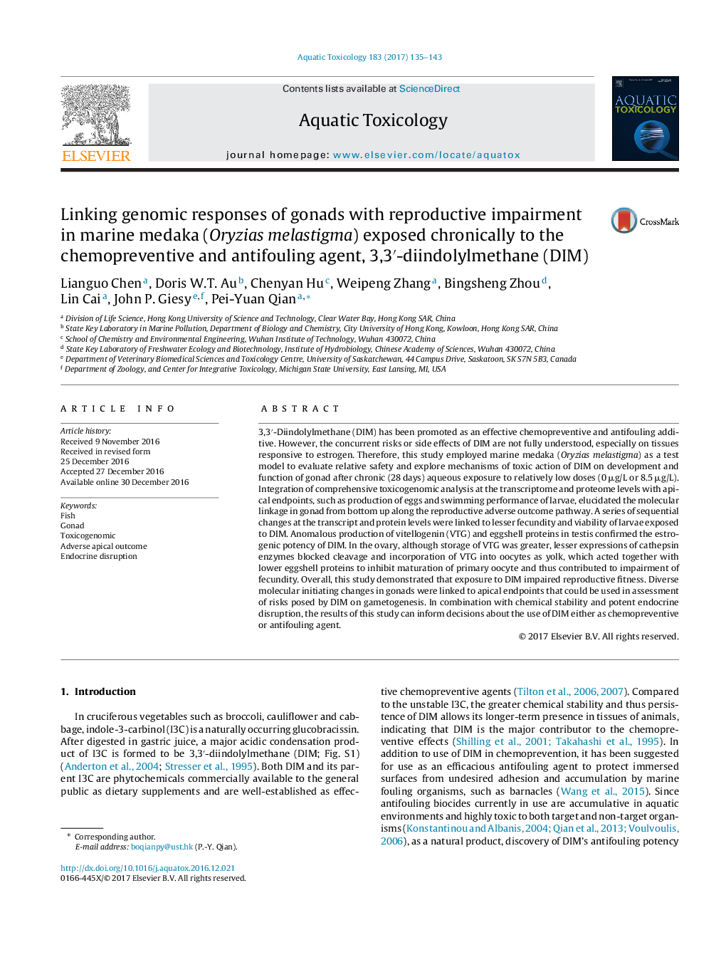 Linking genomic responses of gonads with reproductive impairment in marine medaka (Oryzias melastigma) exposed chronically to the chemopreventive and antifouling agent, 3,3â²-diindolylmethane (DIM)