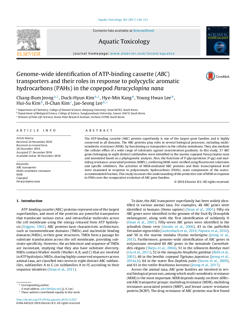 Genome-wide identification of ATP-binding cassette (ABC) transporters and their roles in response to polycyclic aromatic hydrocarbons (PAHs) in the copepod Paracyclopina nana