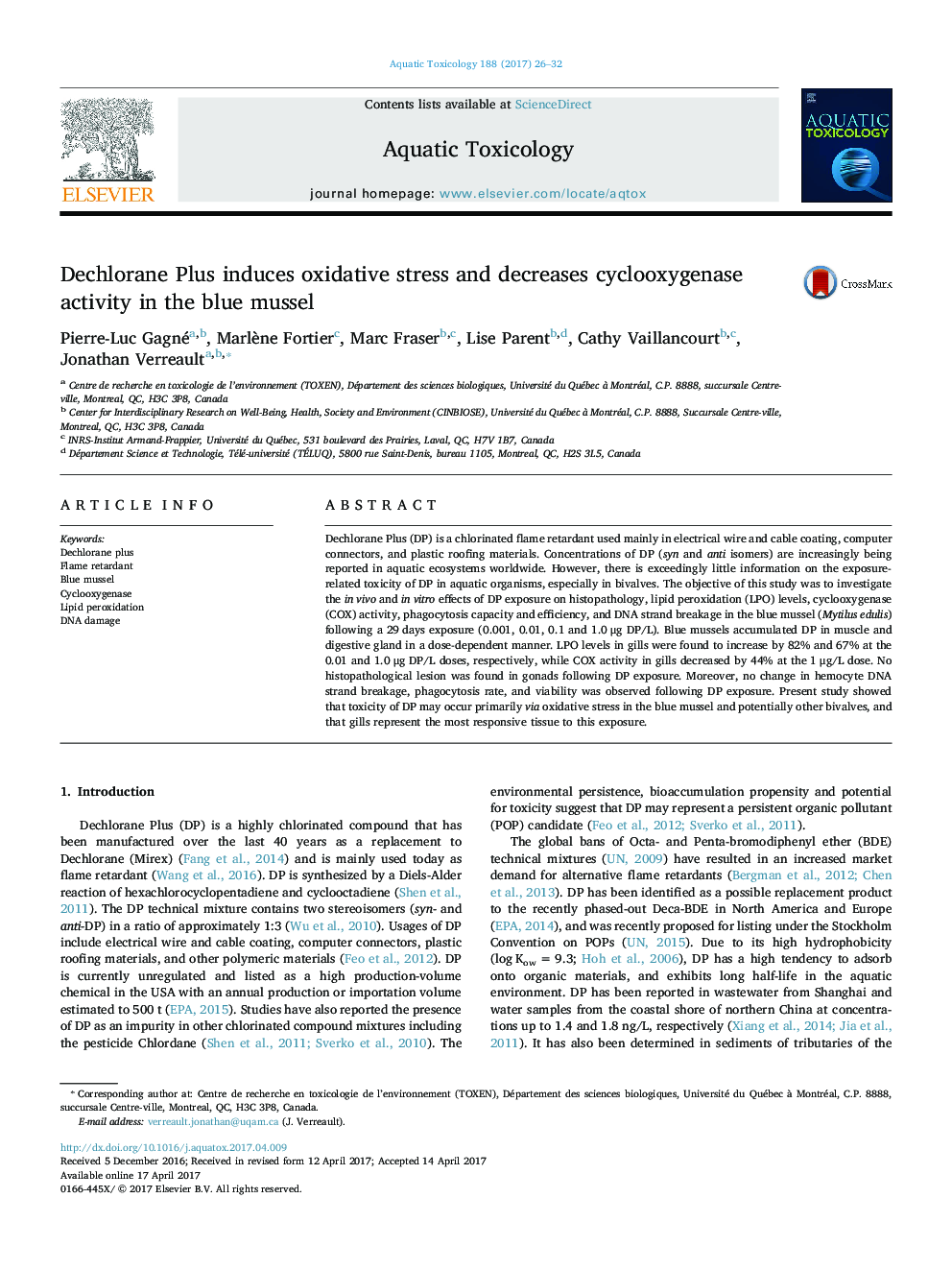 Dechlorane Plus induces oxidative stress and decreases cyclooxygenase activity in the blue mussel