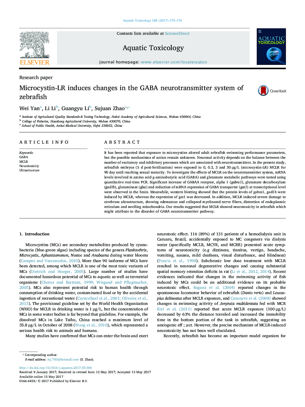 Research paperMicrocystin-LR induces changes in the GABA neurotransmitter system of zebrafish