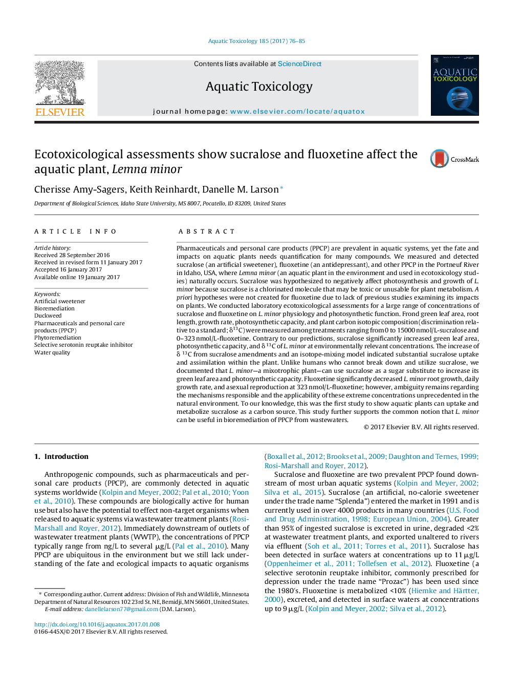 عکس صفحه اول مقاله: Ecotoxicological assessments show sucralose and fluoxetine affect the aquatic plant, Lemna minor Ecotoxicological assessments show sucralose and fluoxetine affect the aquatic plant, Lemna minor