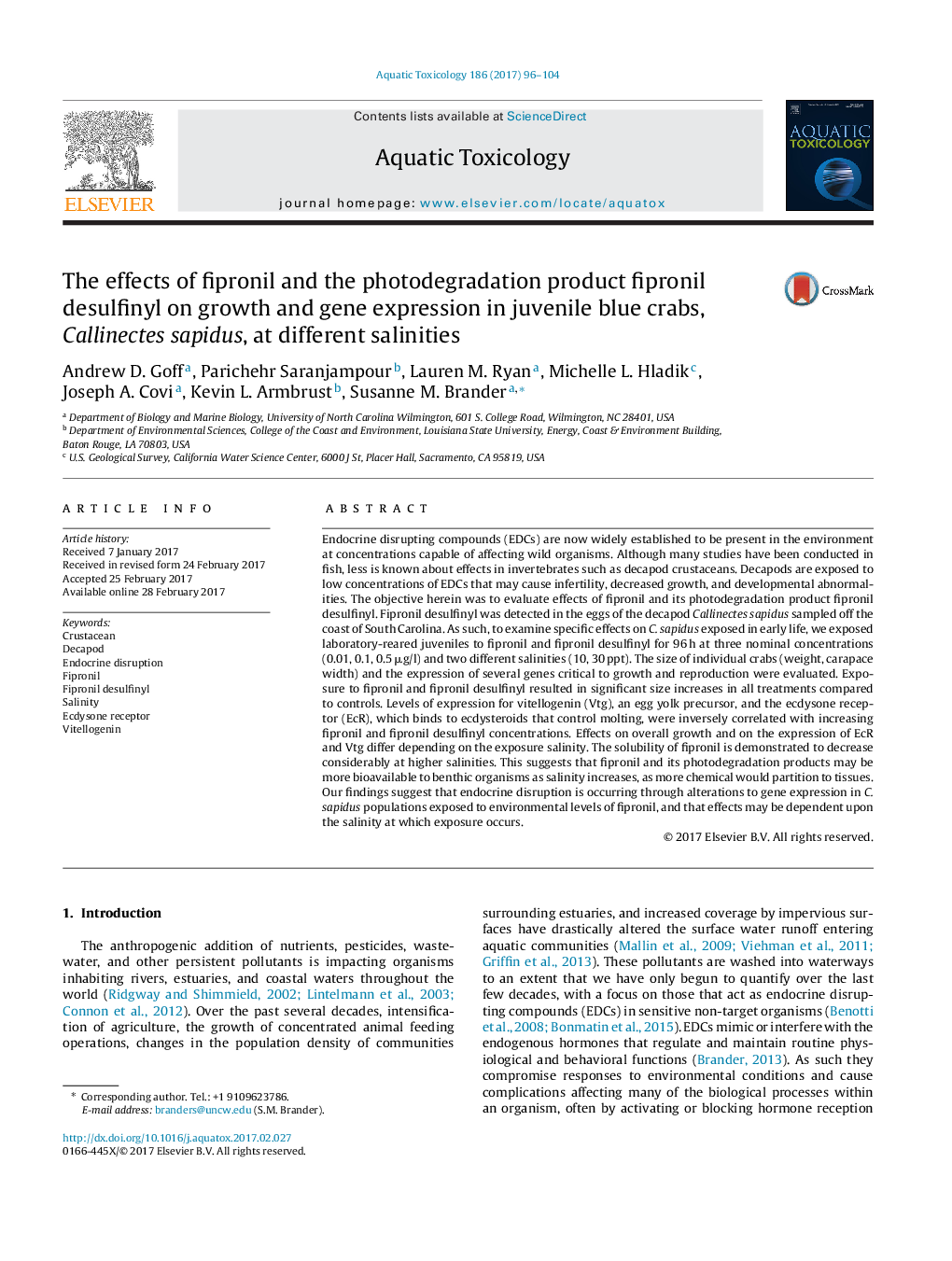 The effects of fipronil and the photodegradation product fipronil desulfinyl on growth and gene expression in juvenile blue crabs, Callinectes sapidus, at different salinities