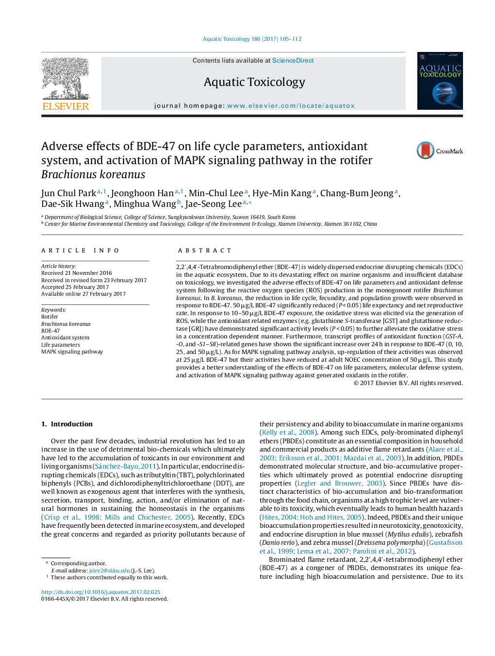 Adverse effects of BDE-47 on life cycle parameters, antioxidant system, and activation of MAPK signaling pathway in the rotifer Brachionus koreanus