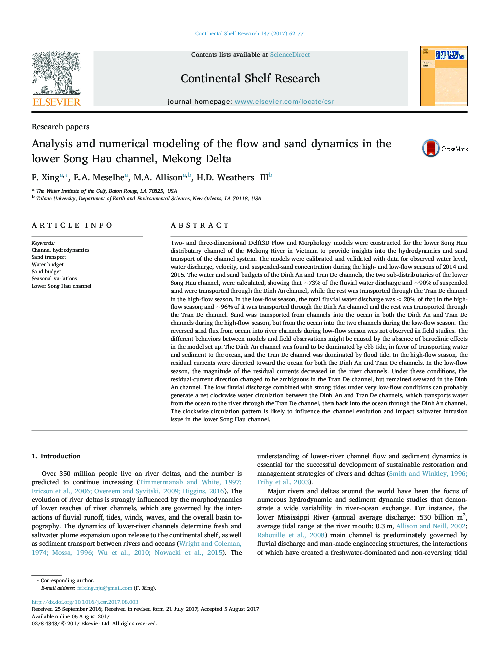 Research papersAnalysis and numerical modeling of the flow and sand dynamics in the lower Song Hau channel, Mekong Delta