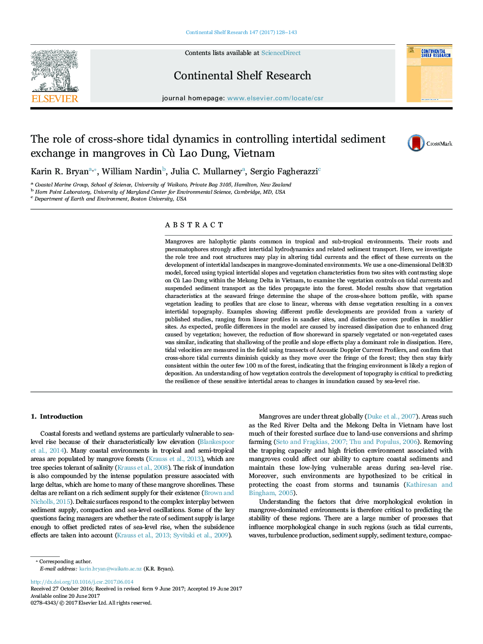 The role of cross-shore tidal dynamics in controlling intertidal sediment exchange in mangroves in CÃ¹ Lao Dung, Vietnam