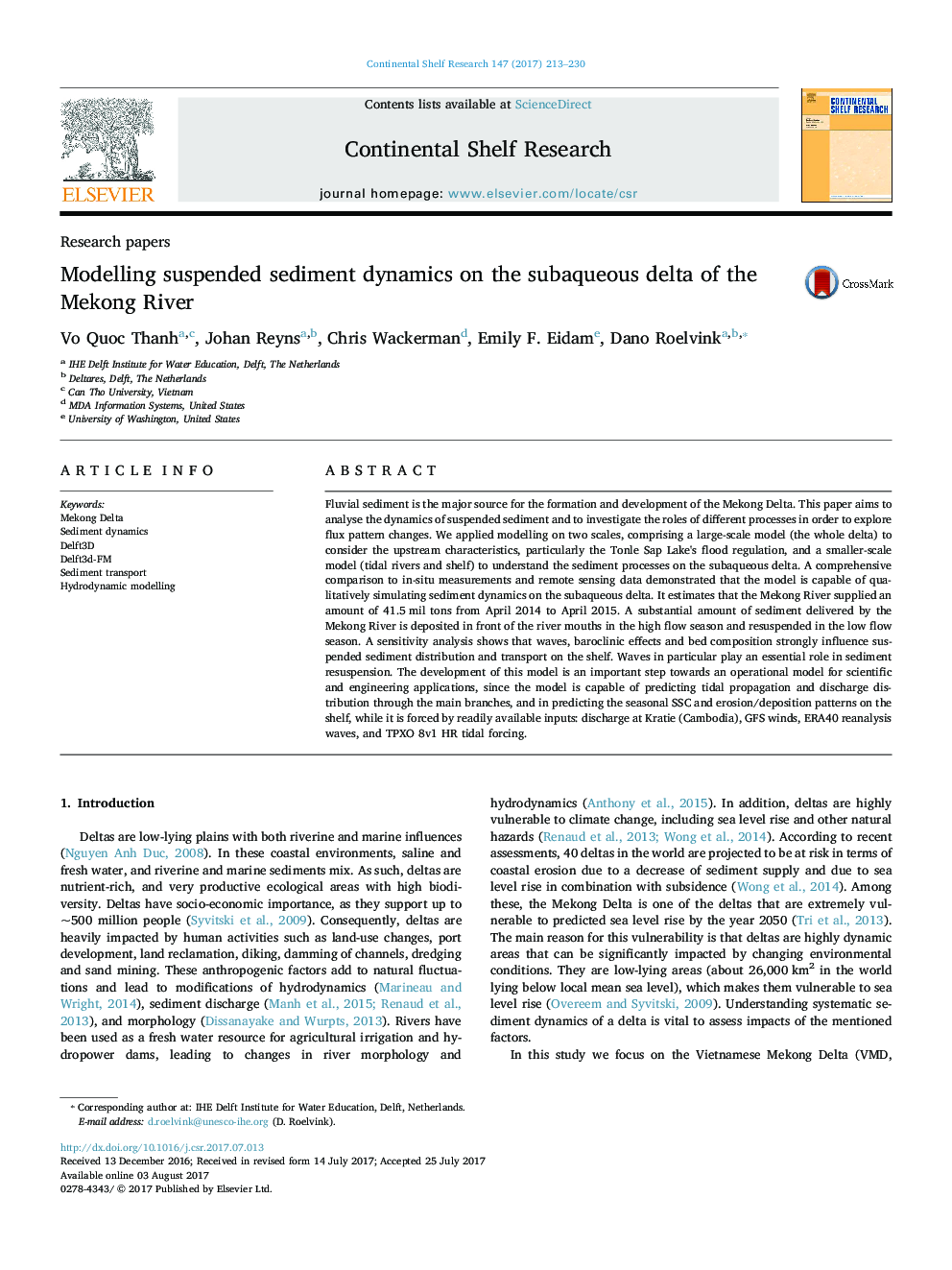 Research papersModelling suspended sediment dynamics on the subaqueous delta of the Mekong River