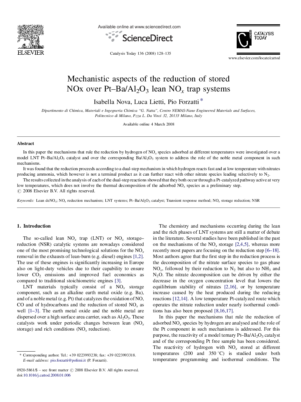 Mechanistic aspects of the reduction of stored NOx over Pt–Ba/Al2O3 lean NOx trap systems