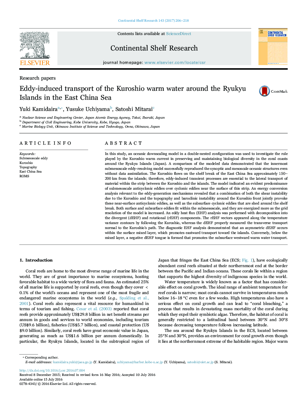 Research papersEddy-induced transport of the Kuroshio warm water around the Ryukyu Islands in the East China Sea