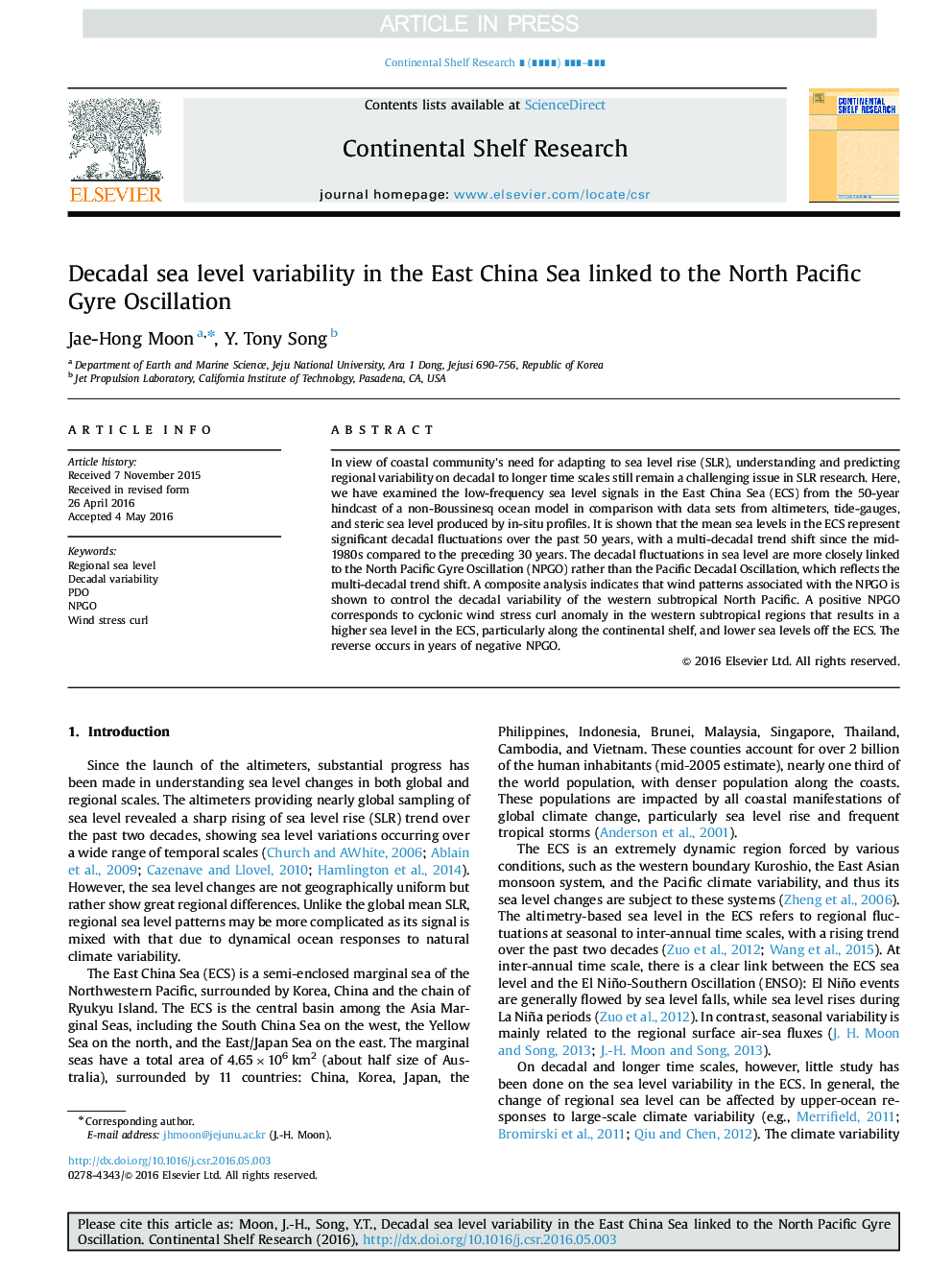 Decadal sea level variability in the East China Sea linked to the North Pacific Gyre Oscillation