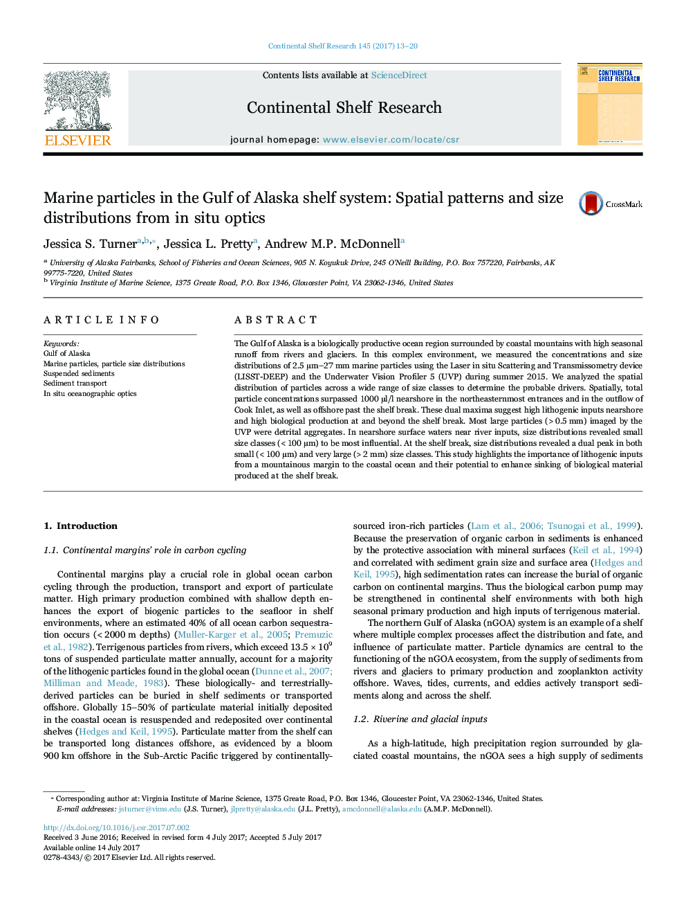 Marine particles in the Gulf of Alaska shelf system: Spatial patterns and size distributions from in situ optics