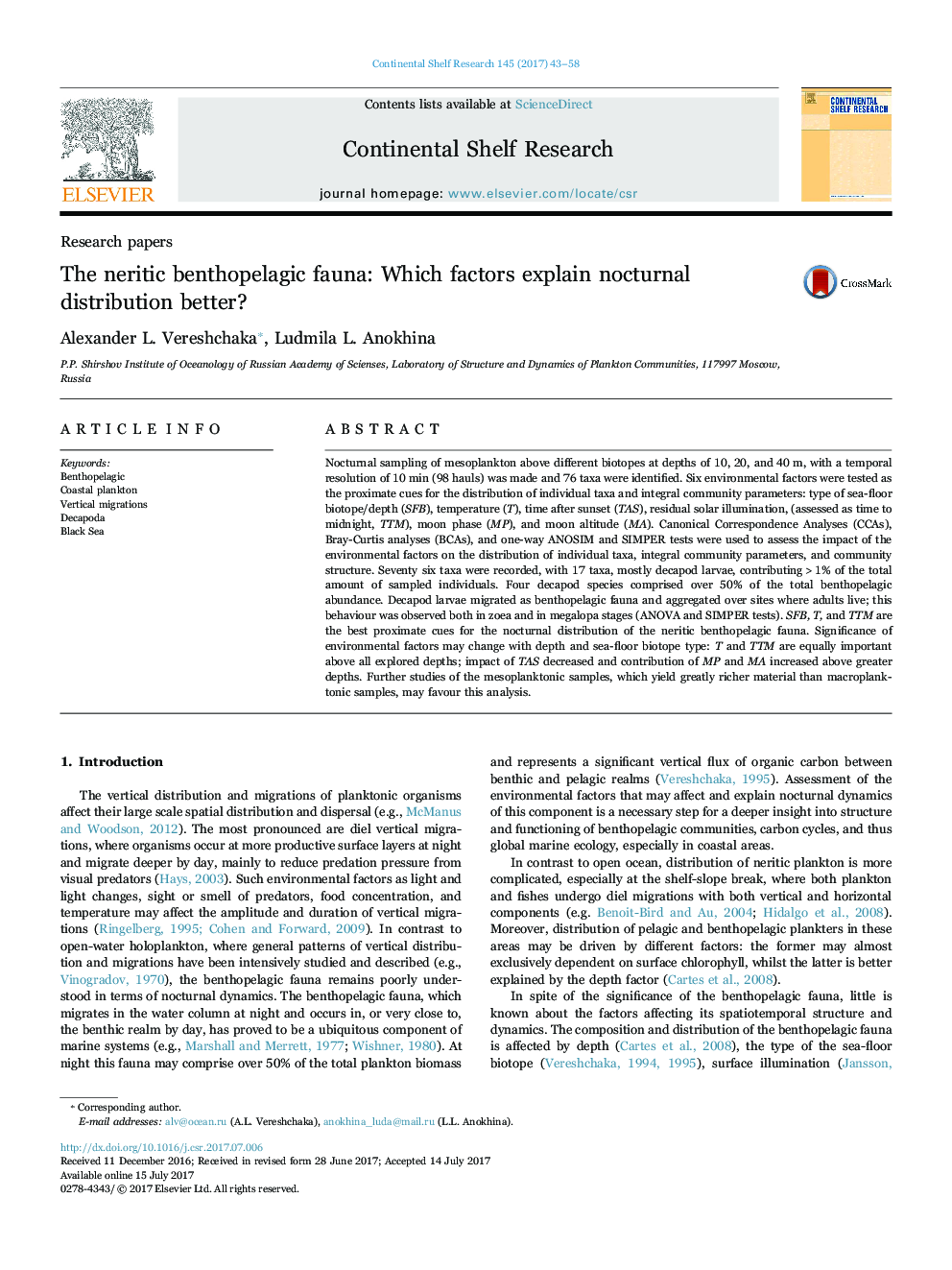 Research papersThe neritic benthopelagic fauna: Which factors explain nocturnal distribution better?