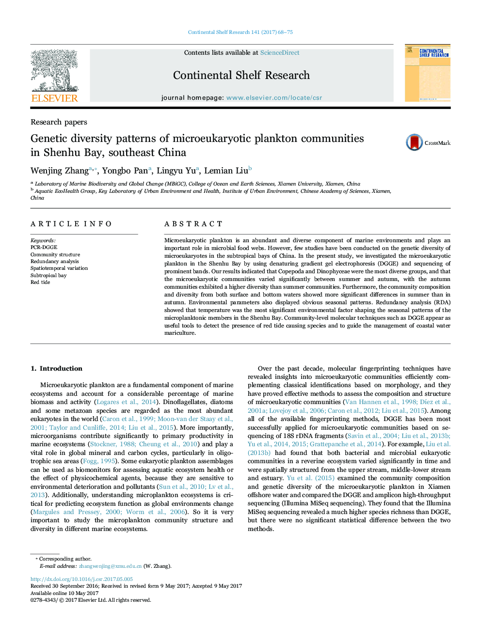 Genetic diversity patterns of microeukaryotic plankton communities in Shenhu Bay, southeast China