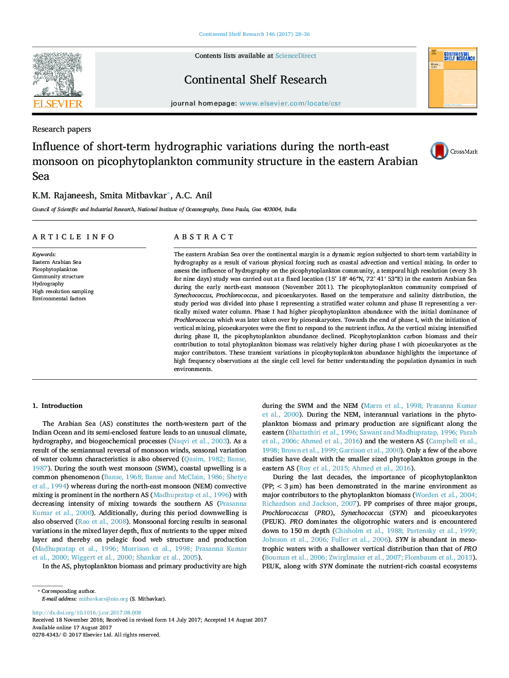 Influence of short-term hydrographic variations during the north-east monsoon on picophytoplankton community structure in the eastern Arabian Sea