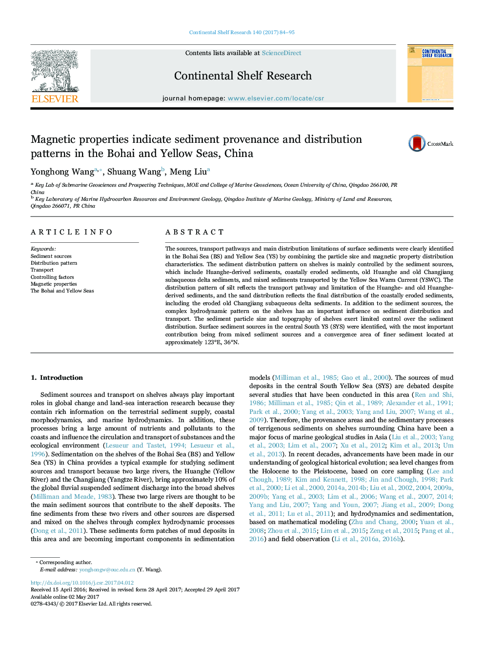 Magnetic properties indicate sediment provenance and distribution patterns in the Bohai and Yellow Seas, China