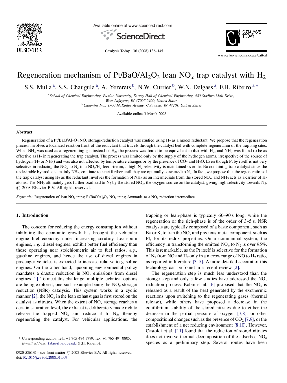 Regeneration mechanism of Pt/BaO/Al2O3 lean NOx trap catalyst with H2