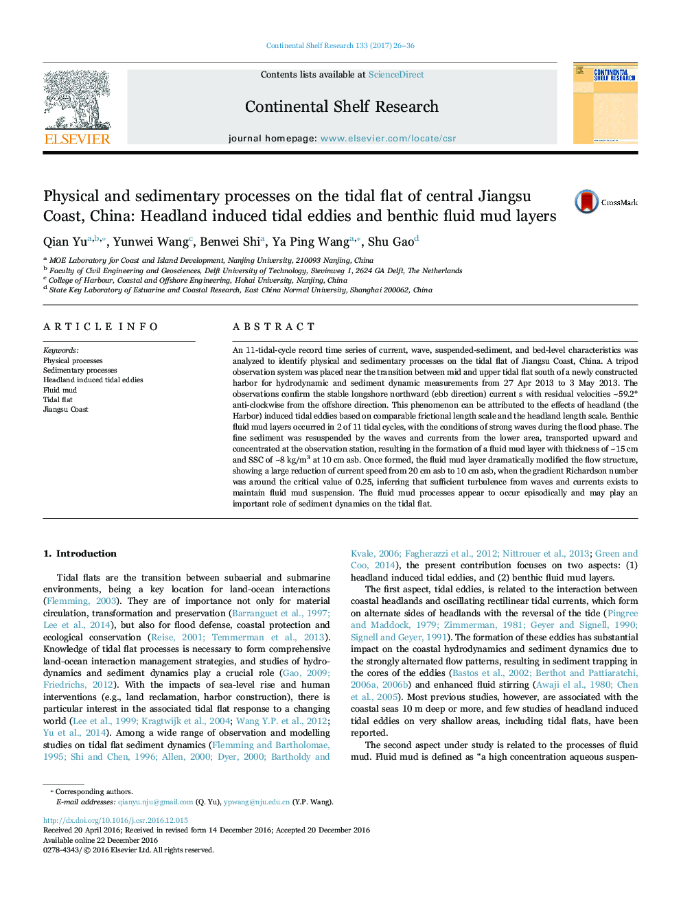 Physical and sedimentary processes on the tidal flat of central Jiangsu Coast, China: Headland induced tidal eddies and benthic fluid mud layers