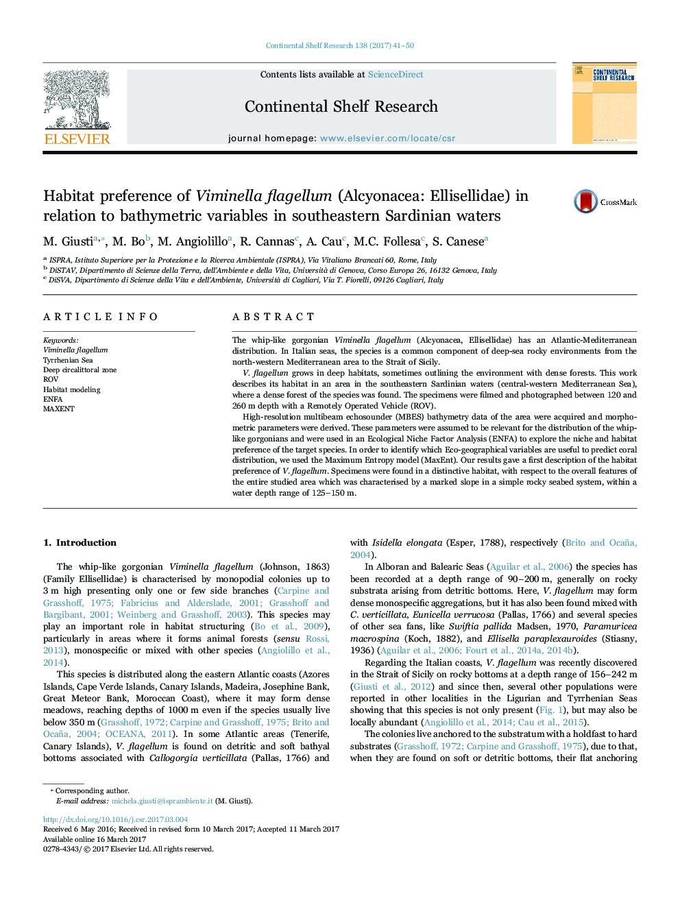 Habitat preference of Viminella flagellum (Alcyonacea: Ellisellidae) in relation to bathymetric variables in southeastern Sardinian waters