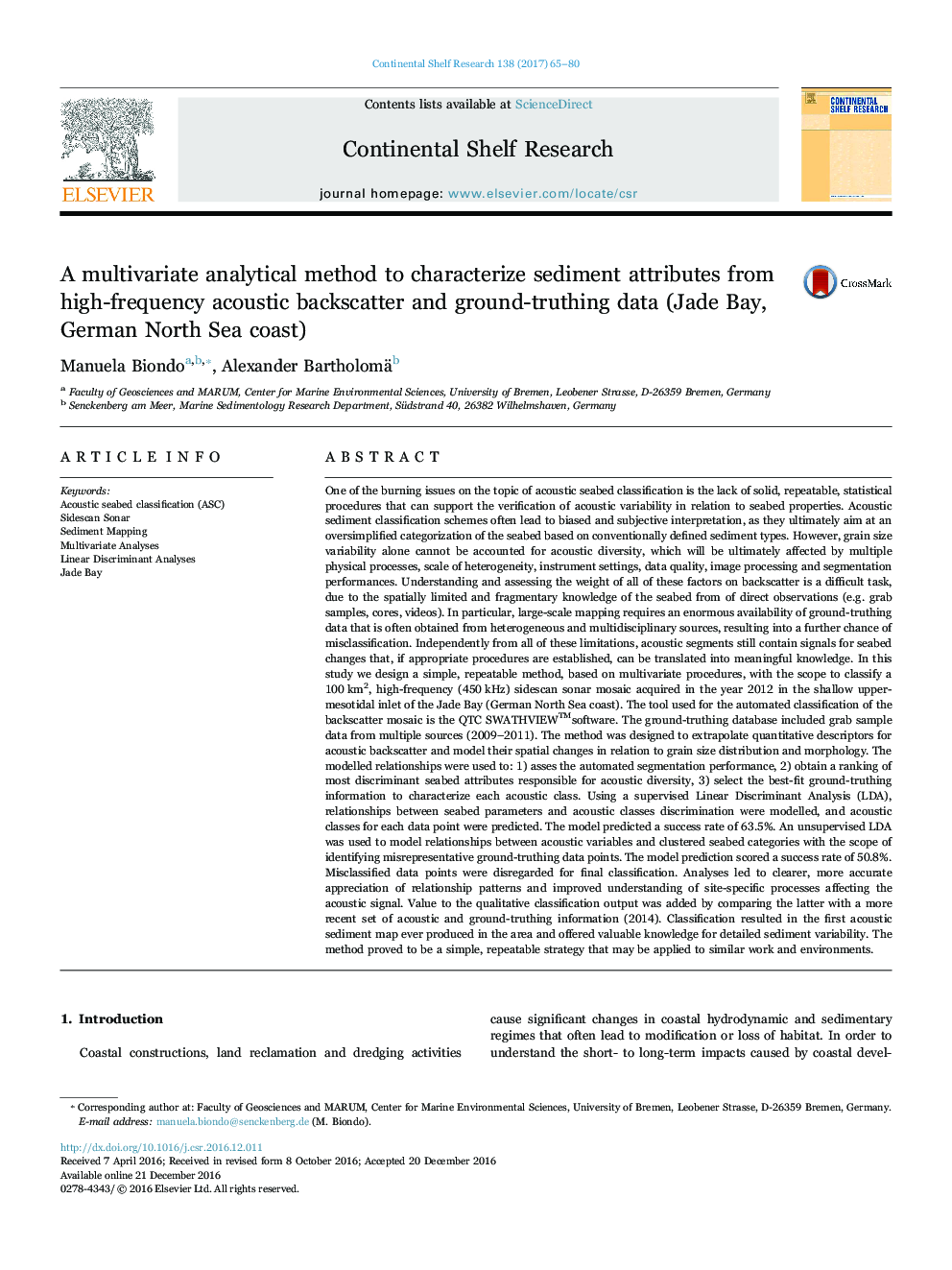 A multivariate analytical method to characterize sediment attributes from high-frequency acoustic backscatter and ground-truthing data (Jade Bay, German North Sea coast)