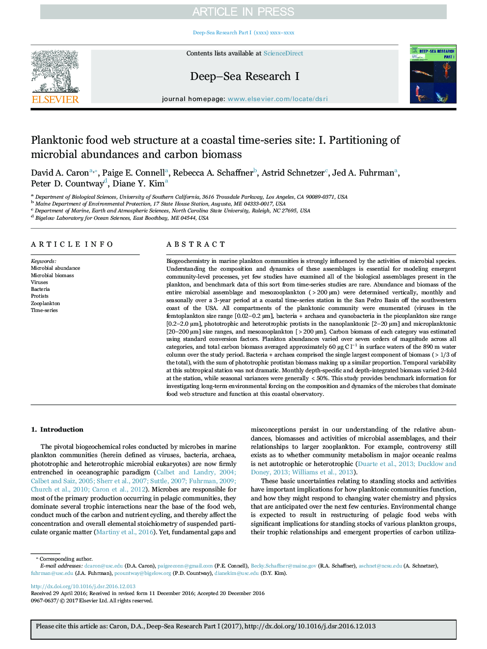 Planktonic food web structure at a coastal time-series site: I. Partitioning of microbial abundances and carbon biomass