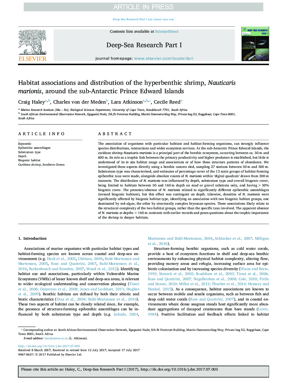 Habitat associations and distribution of the hyperbenthic shrimp, Nauticaris marionis, around the sub-Antarctic Prince Edward Islands