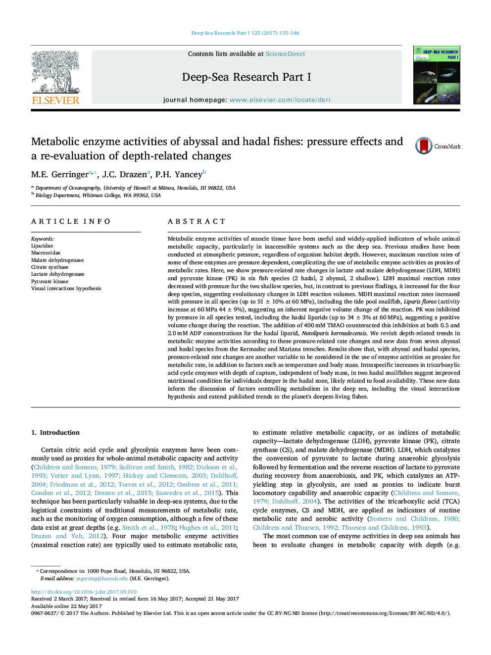 Metabolic enzyme activities of abyssal and hadal fishes: pressure effects and a re-evaluation of depth-related changes