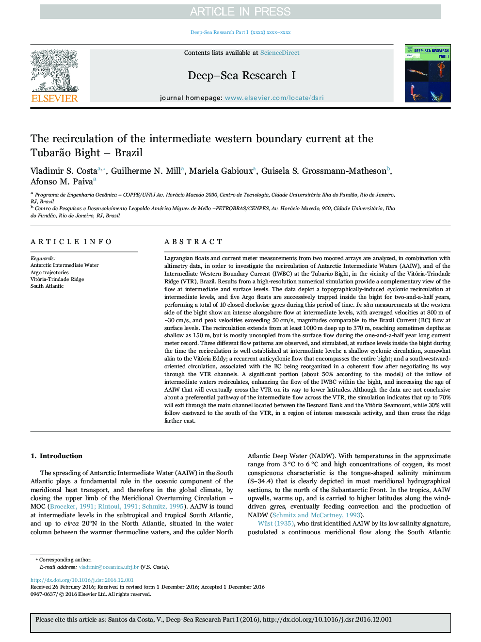 The recirculation of the intermediate western boundary current at the TubarÃ£o Bight - Brazil