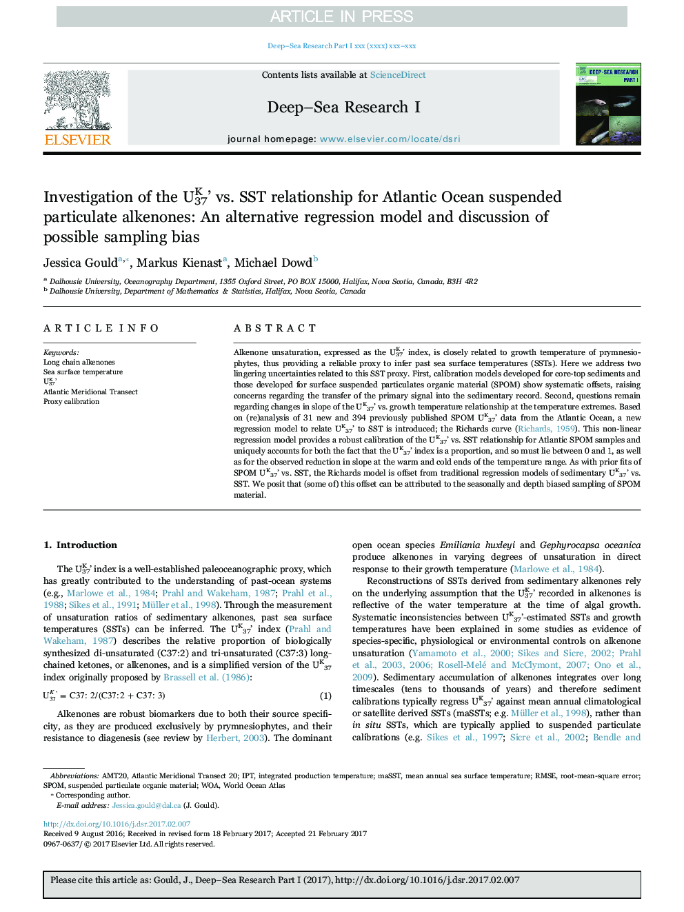 Investigation of the UK37' vs. SST relationship for Atlantic Ocean suspended particulate alkenones: An alternative regression model and discussion of possible sampling bias