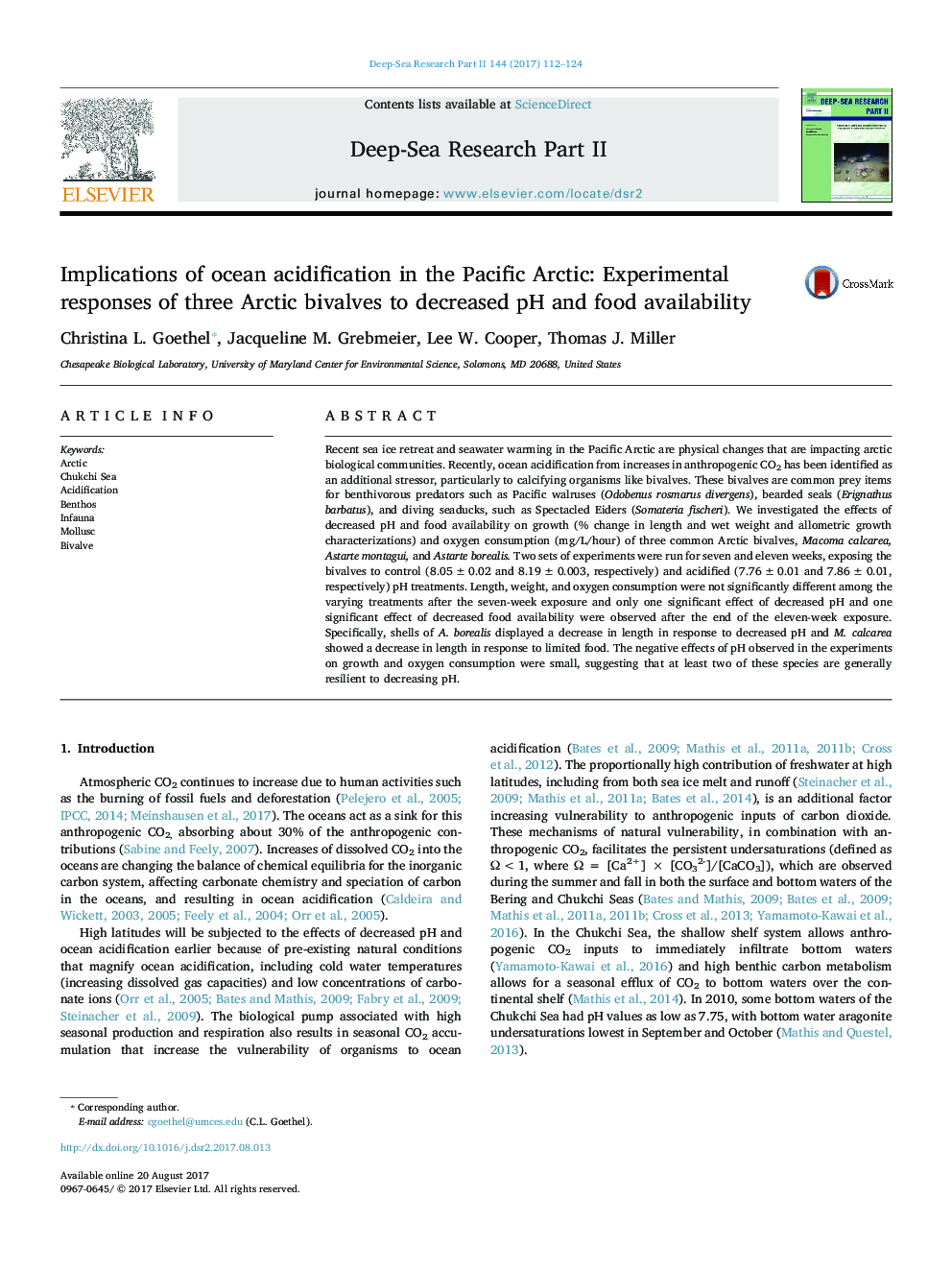 Implications of ocean acidification in the Pacific Arctic: Experimental responses of three Arctic bivalves to decreased pH and food availability