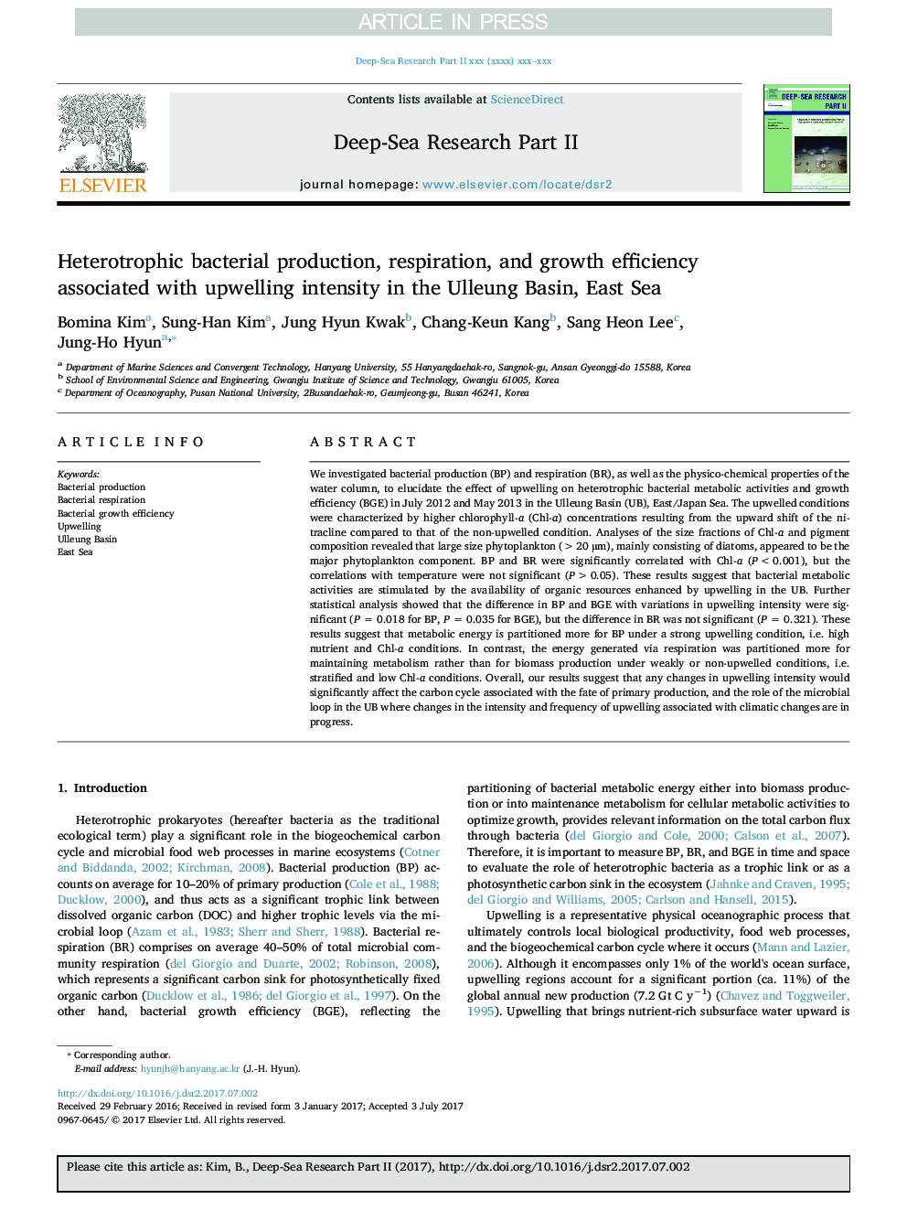 عکس صفحه اول مقاله: Heterotrophic bacterial production, respiration, and growth efficiency associated with upwelling intensity in the Ulleung Basin, East Sea Heterotrophic bacterial production, respiration, and growth efficiency associated with upwelling intensity in the Ulleung Basin, East Sea