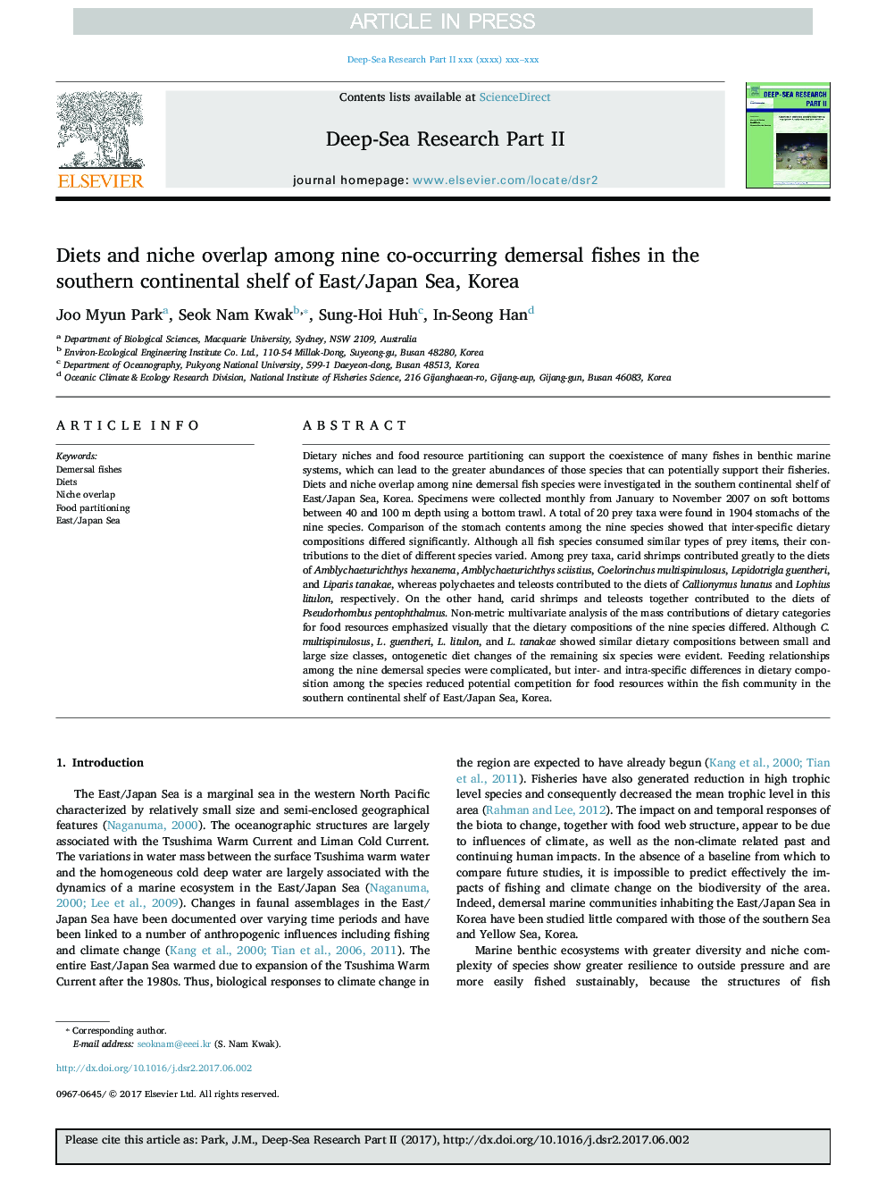 Diets and niche overlap among nine co-occurring demersal fishes in the southern continental shelf of East/Japan Sea, Korea