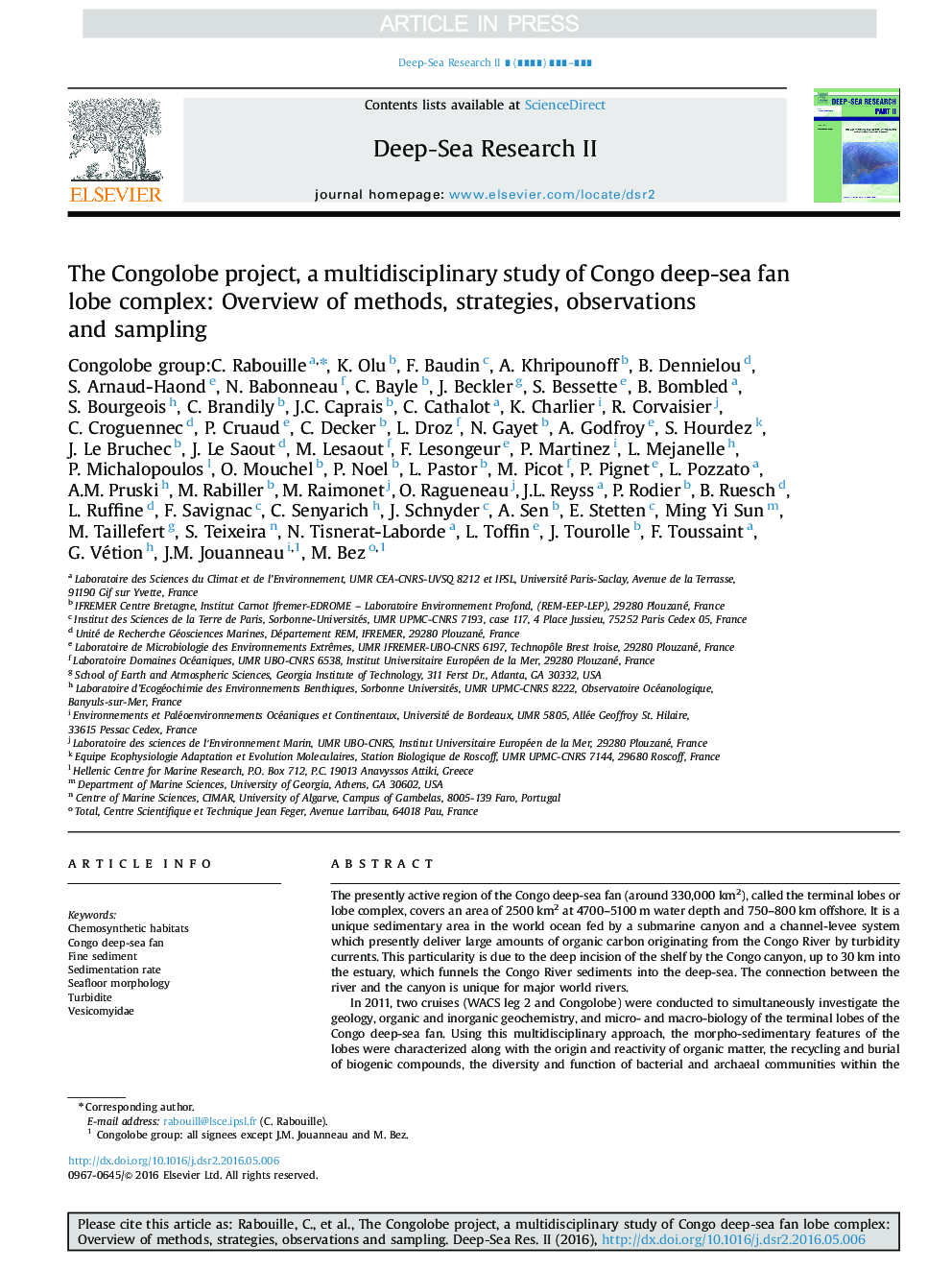 The Congolobe project, a multidisciplinary study of Congo deep-sea fan lobe complex: Overview of methods, strategies, observations and sampling