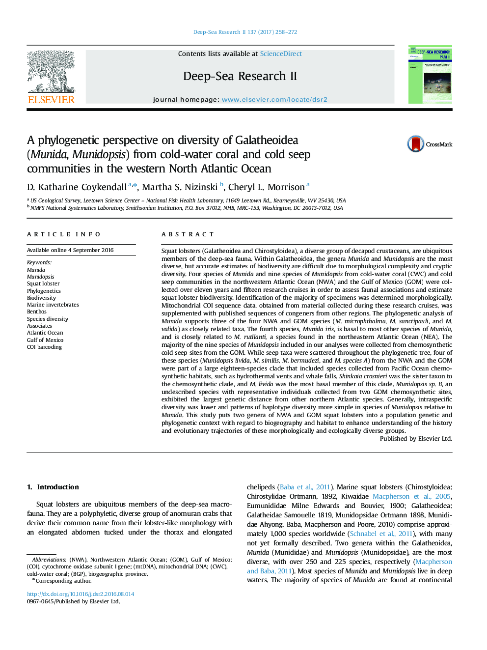 A phylogenetic perspective on diversity of Galatheoidea (Munida, Munidopsis) from cold-water coral and cold seep communities in the western North Atlantic Ocean