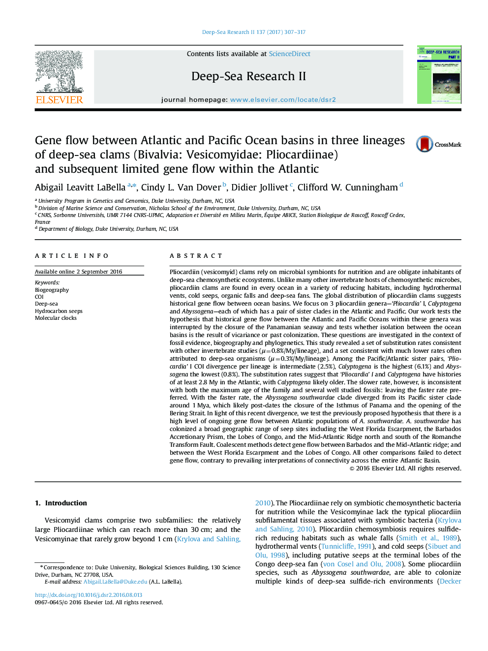 Gene flow between Atlantic and Pacific Ocean basins in three lineages of deep-sea clams (Bivalvia: Vesicomyidae: Pliocardiinae) and subsequent limited gene flow within the Atlantic