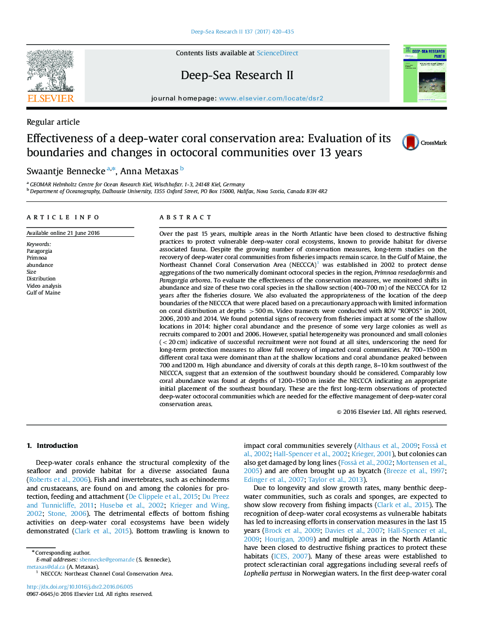 Regular articleEffectiveness of a deep-water coral conservation area: Evaluation of its boundaries and changes in octocoral communities over 13 years