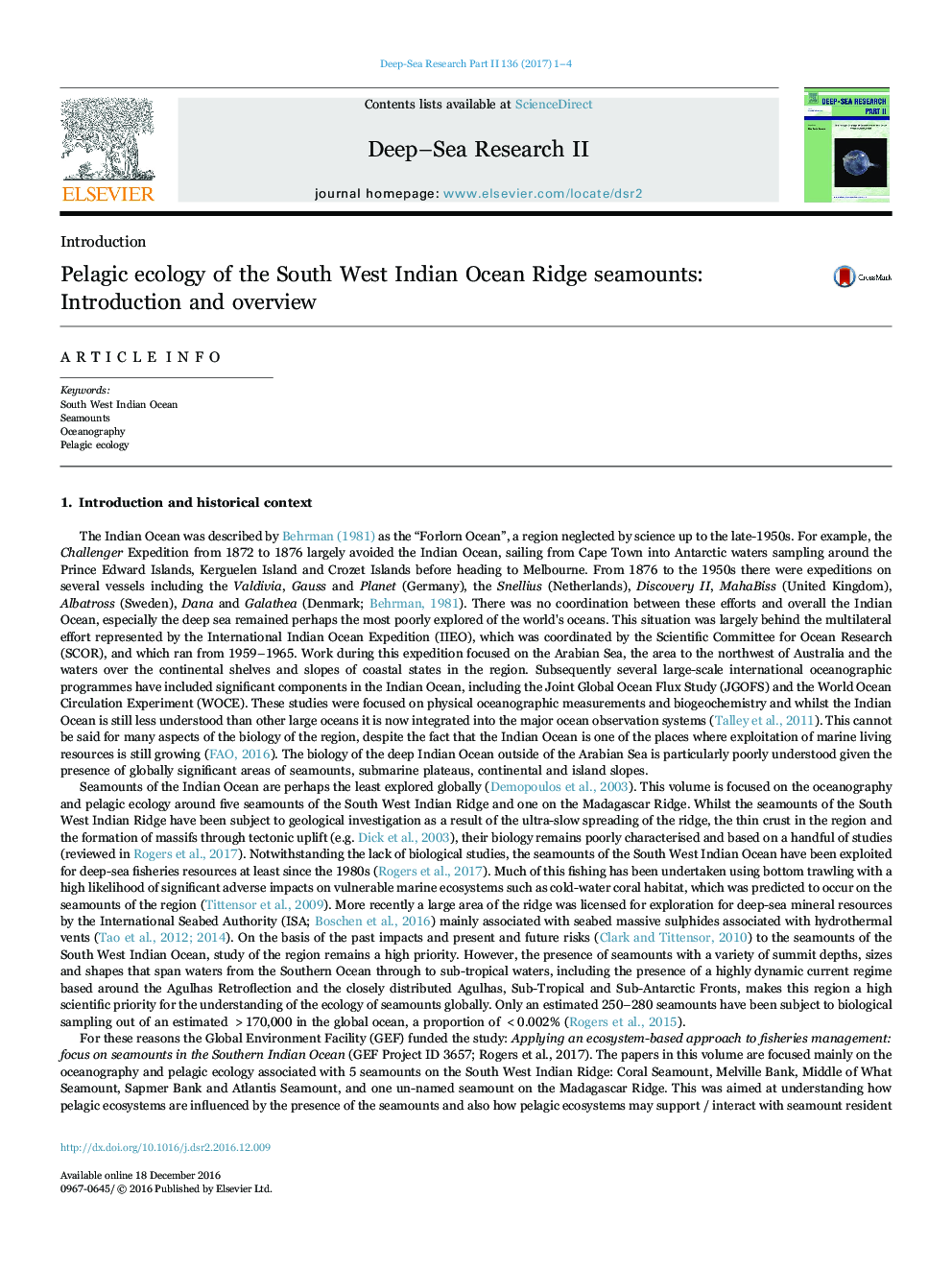 Pelagic ecology of the South West Indian Ocean Ridge seamounts: Introduction and overview