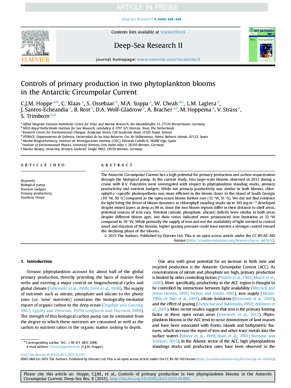 Controls of primary production in two phytoplankton blooms in the Antarctic Circumpolar Current