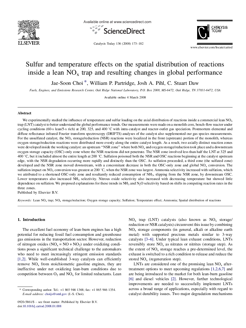Sulfur and temperature effects on the spatial distribution of reactions inside a lean NOx trap and resulting changes in global performance