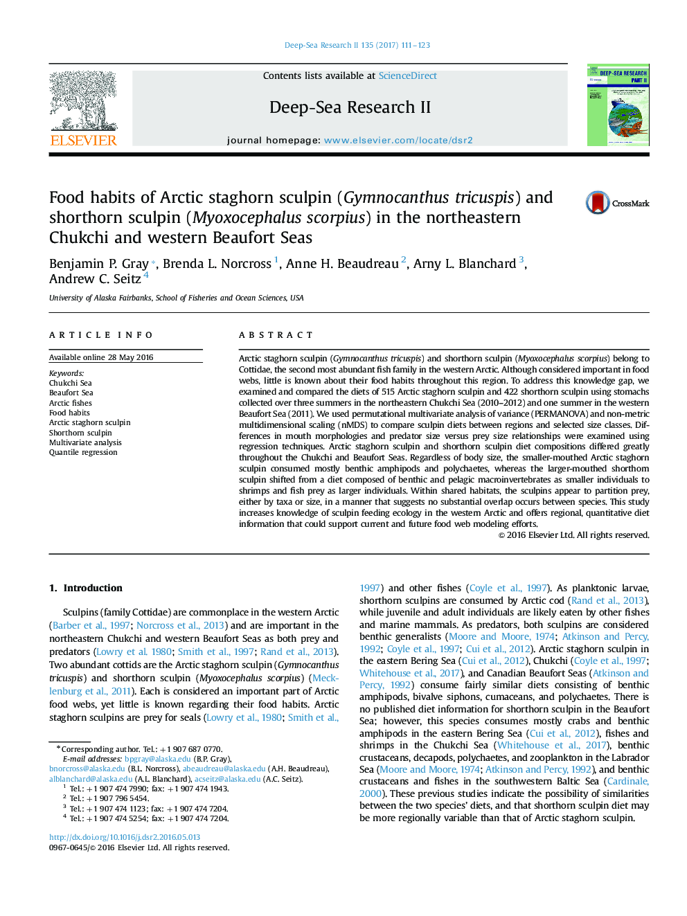 Food habits of Arctic staghorn sculpin (Gymnocanthus tricuspis) and shorthorn sculpin (Myoxocephalus scorpius) in the northeastern Chukchi and western Beaufort Seas