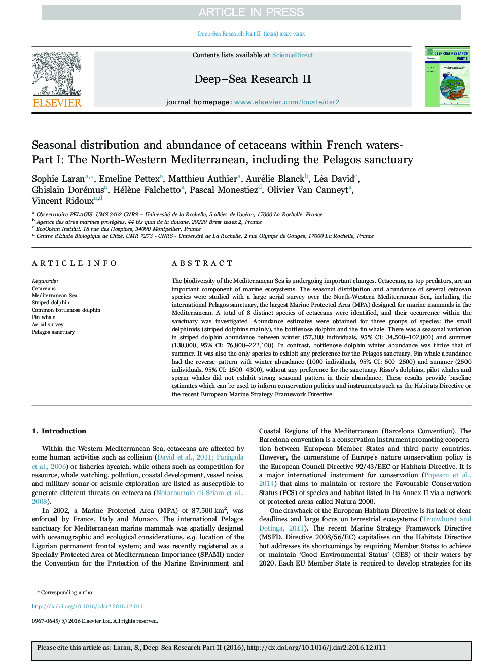 Seasonal distribution and abundance of cetaceans within French waters- Part I: The North-Western Mediterranean, including the Pelagos sanctuary