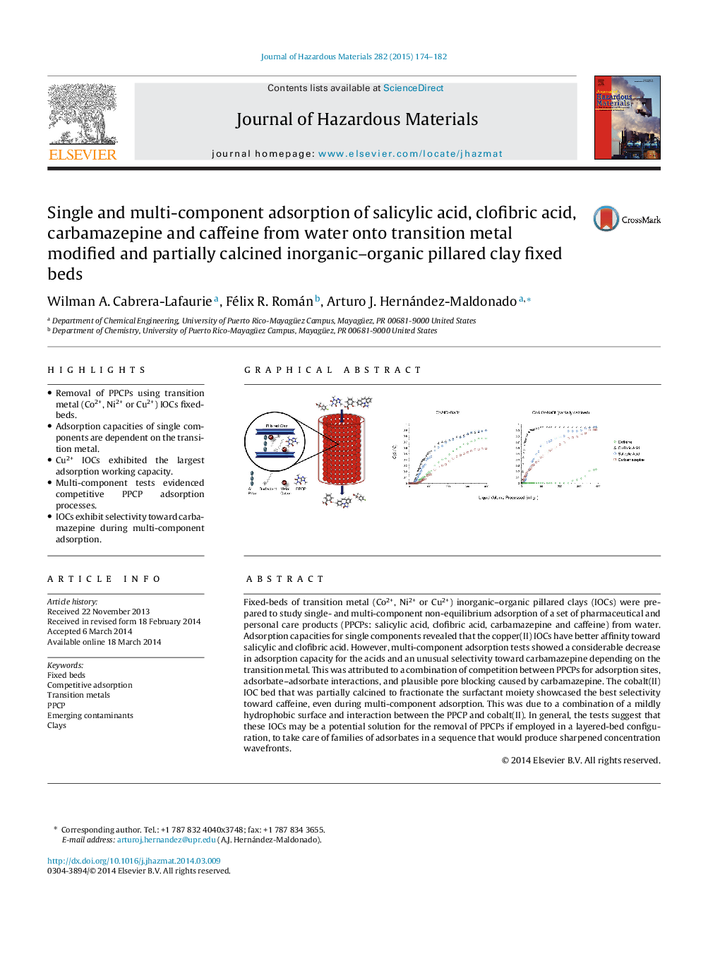 Single and multi-component adsorption of salicylic acid, clofibric acid, carbamazepine and caffeine from water onto transition metal modified and partially calcined inorganic–organic pillared clay fixed beds