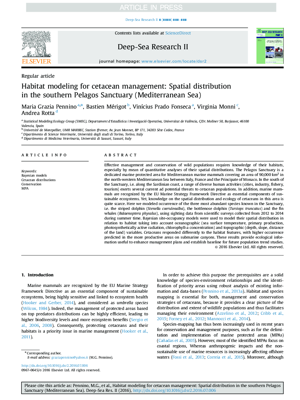 Habitat modeling for cetacean management: Spatial distribution in the southern Pelagos Sanctuary (Mediterranean Sea)
