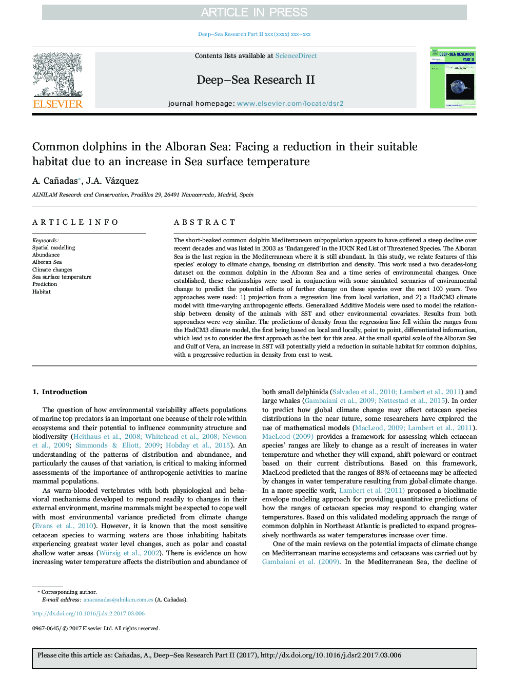 Common dolphins in the Alboran Sea: Facing a reduction in their suitable habitat due to an increase in Sea surface temperature