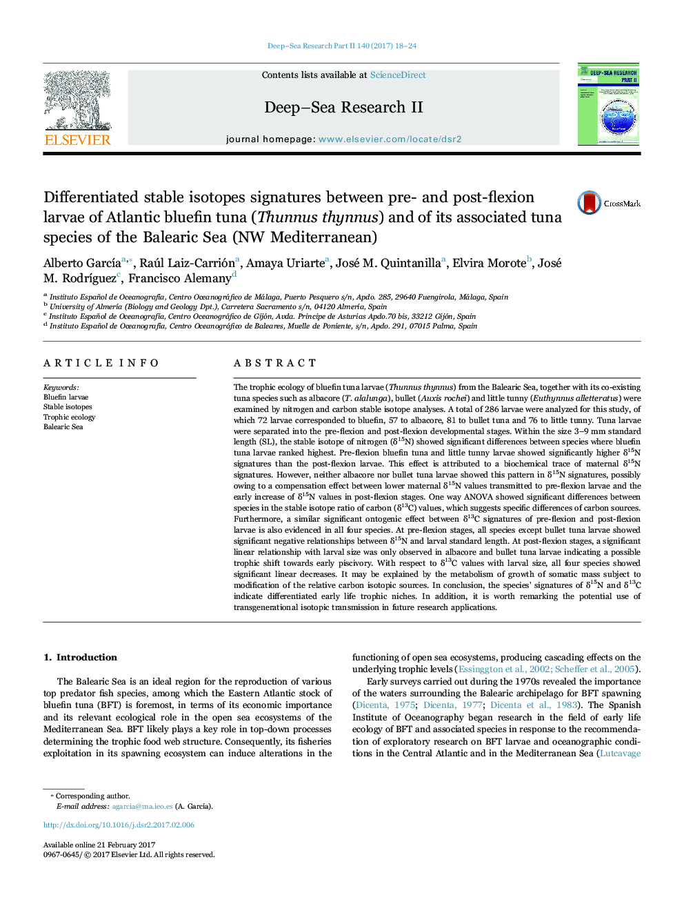 Differentiated stable isotopes signatures between pre- and post-flexion larvae of Atlantic bluefin tuna (Thunnus thynnus) and of its associated tuna species of the Balearic Sea (NW Mediterranean)