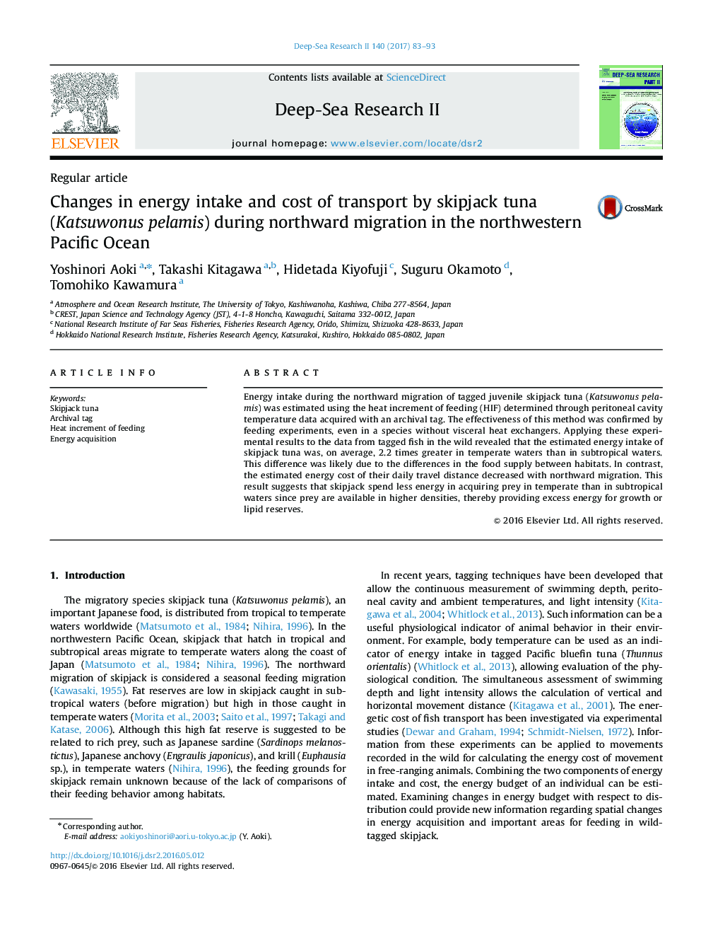 Regular articleChanges in energy intake and cost of transport by skipjack tuna (Katsuwonus pelamis) during northward migration in the northwestern Pacific Ocean