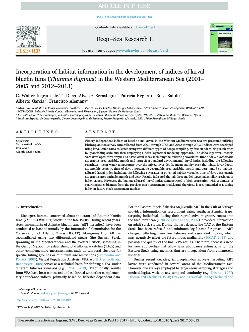 Incorporation of habitat information in the development of indices of larval bluefin tuna (Thunnus thynnus) in the Western Mediterranean Sea (2001-2005 and 2012-2013)