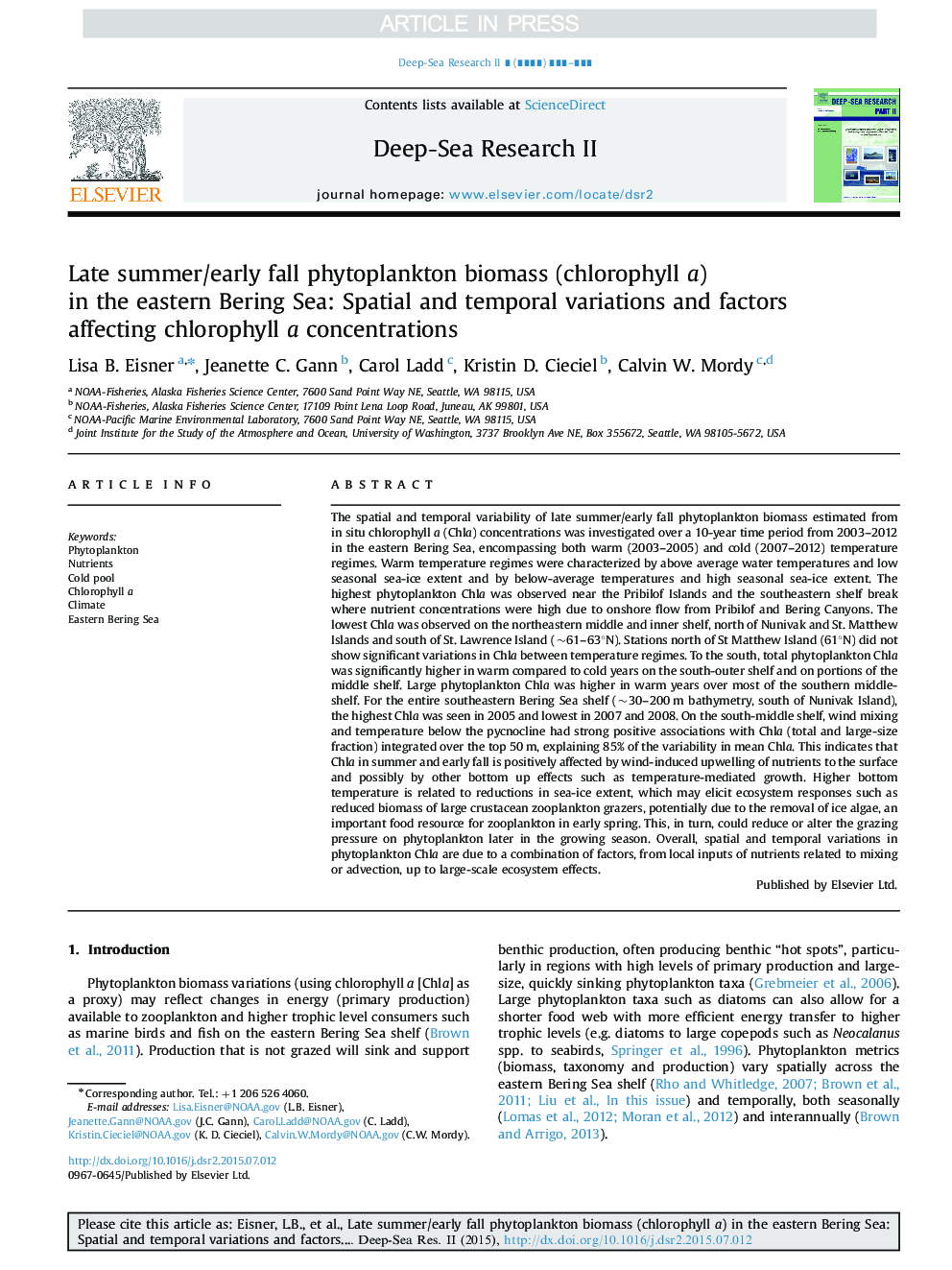 Late summer/early fall phytoplankton biomass (chlorophyll a) in the eastern Bering Sea: Spatial and temporal variations and factors affecting chlorophyll a concentrations