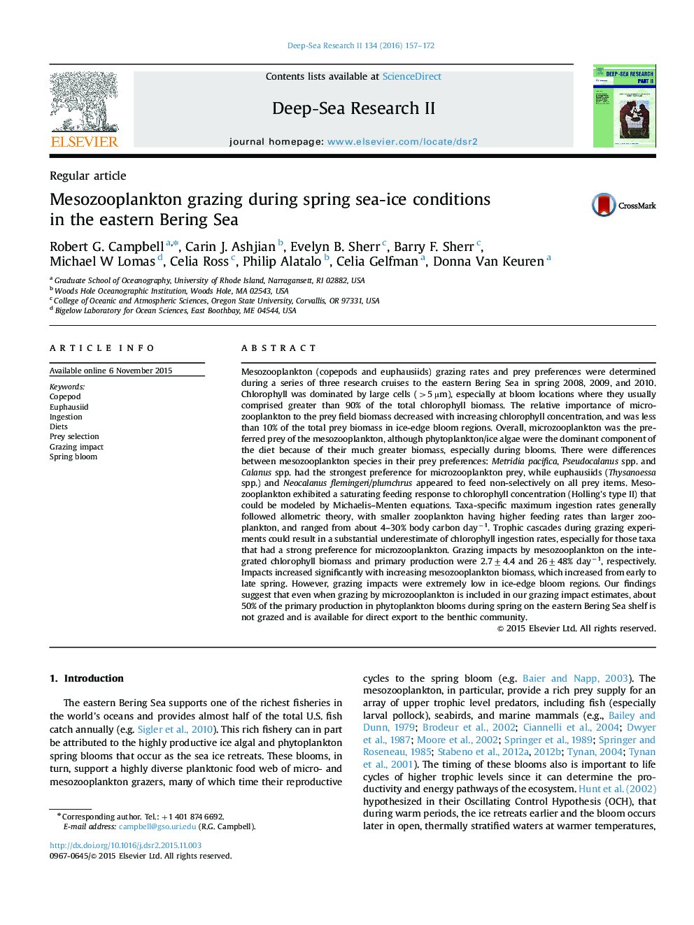 Regular articleMesozooplankton grazing during spring sea-ice conditions in the eastern Bering Sea